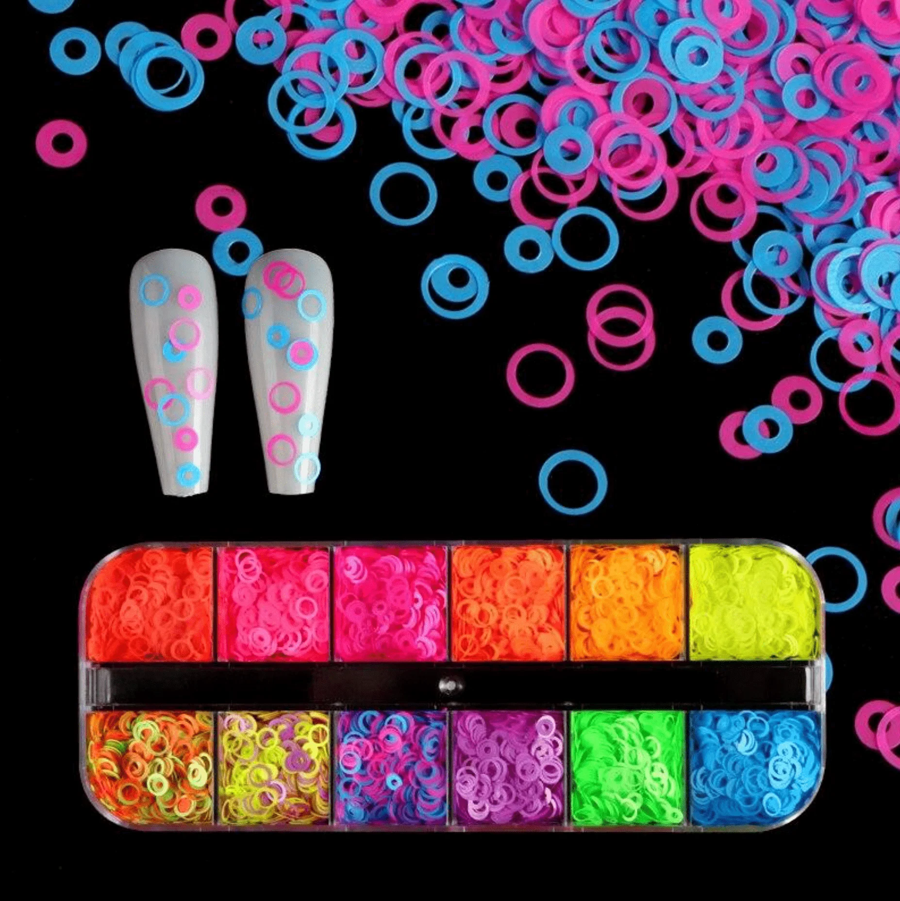 JNBS Glitter Neon Glow in the dark Hollow Circle (Set of 12 Grids) - Image 2
