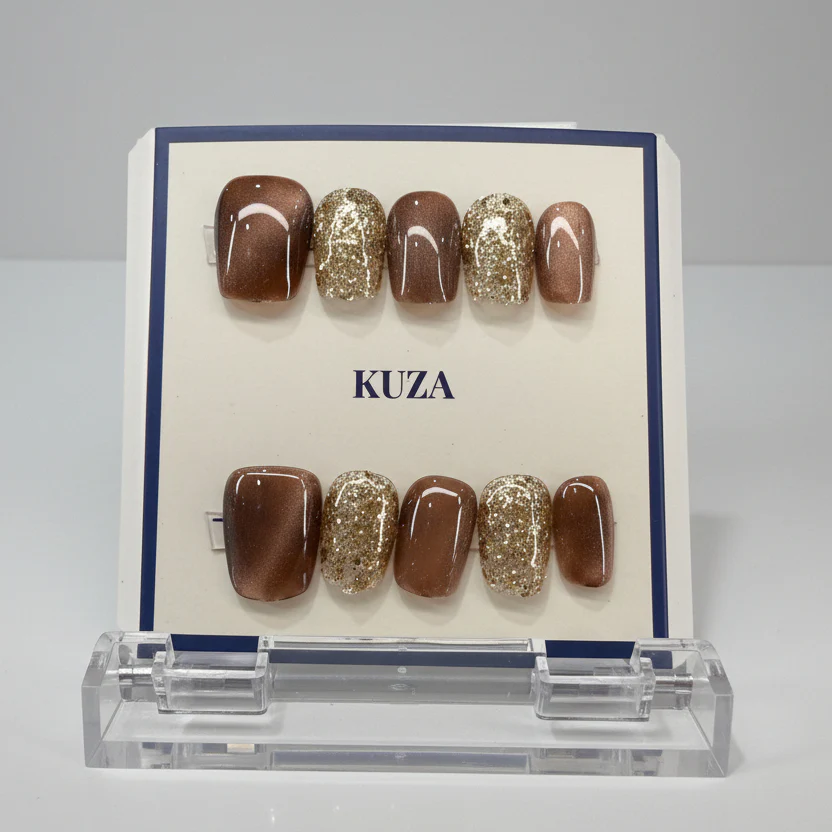 KUZA Press On Nails - Brown Square Cat Eye & Gold Glitter - 8851/8852/8853