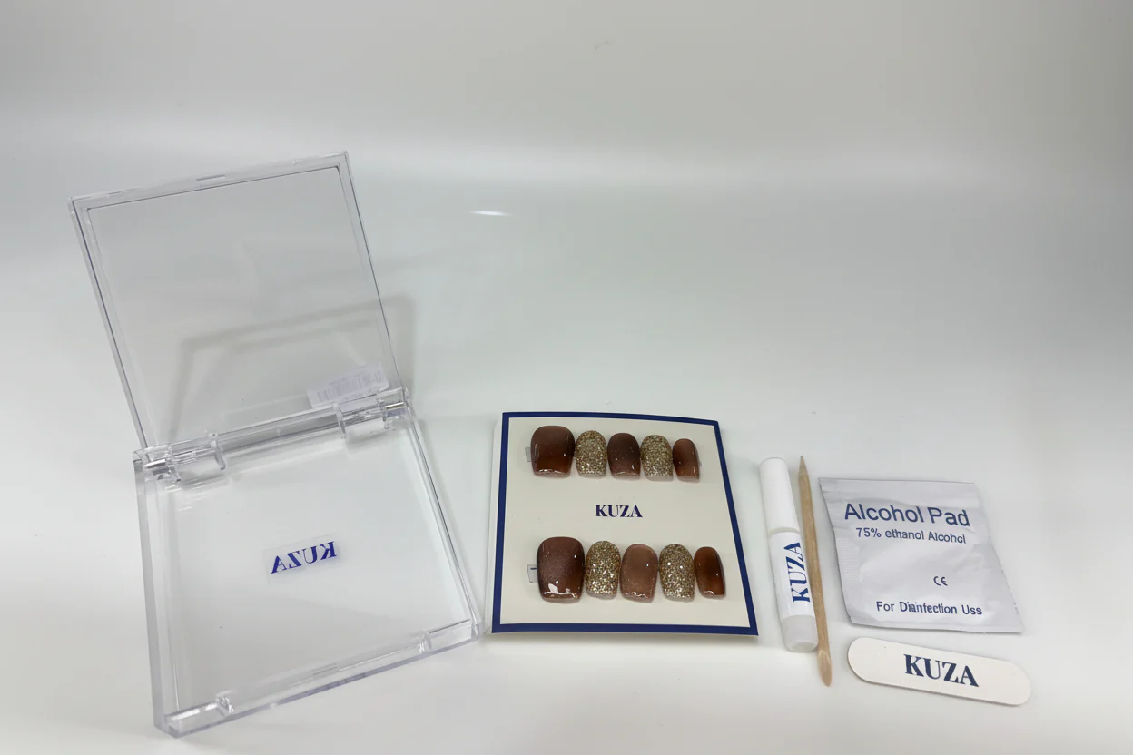 KUZA Press On Nails - Brown Square Cat Eye & Gold Glitter - 8851/8852/8853 - Image 2