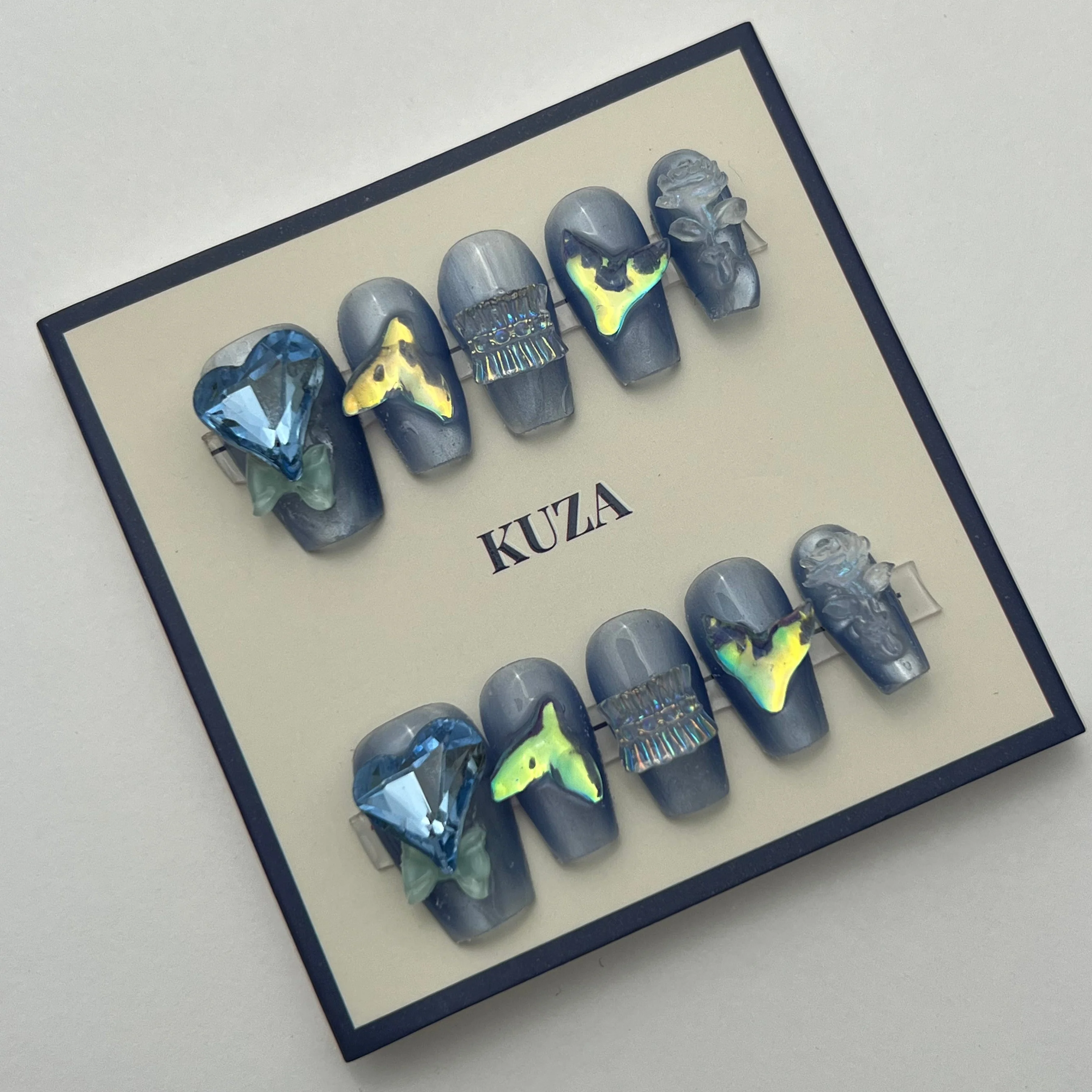 KUZA Press On Nails -Coffin Blue Design Nails with Charms - 8884/8885