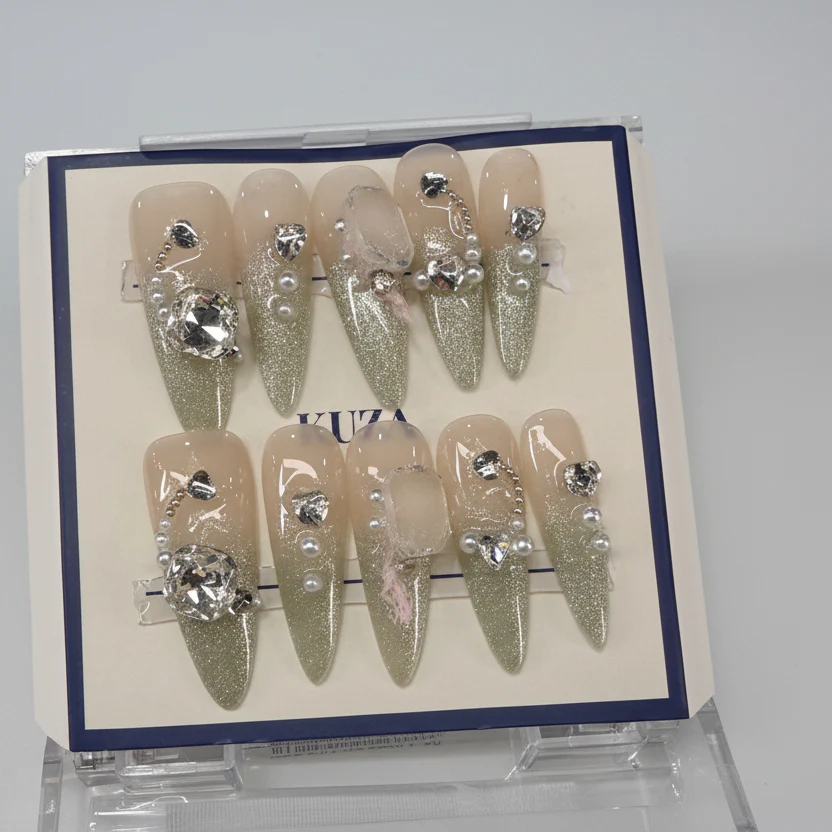 KUZA Press On Nails - Long Stitello Nails with Ombre Cat Eye and Charms - 8886/8887