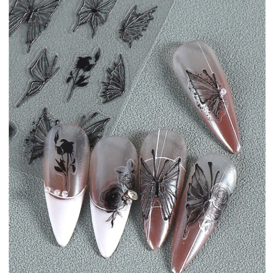 MOSR Nail Art Sticker Black White Butterfly Rose - Image 3