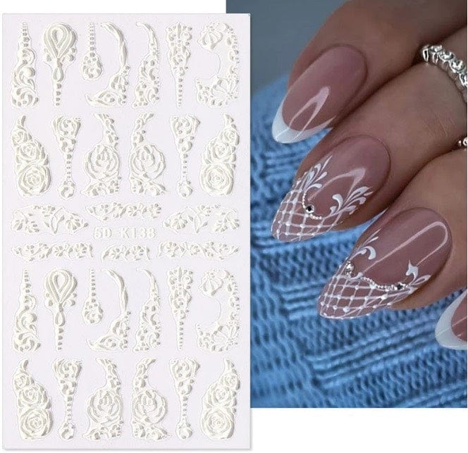 JNBS 5D Embossed Nail Sticker White FLORAL - Image 2