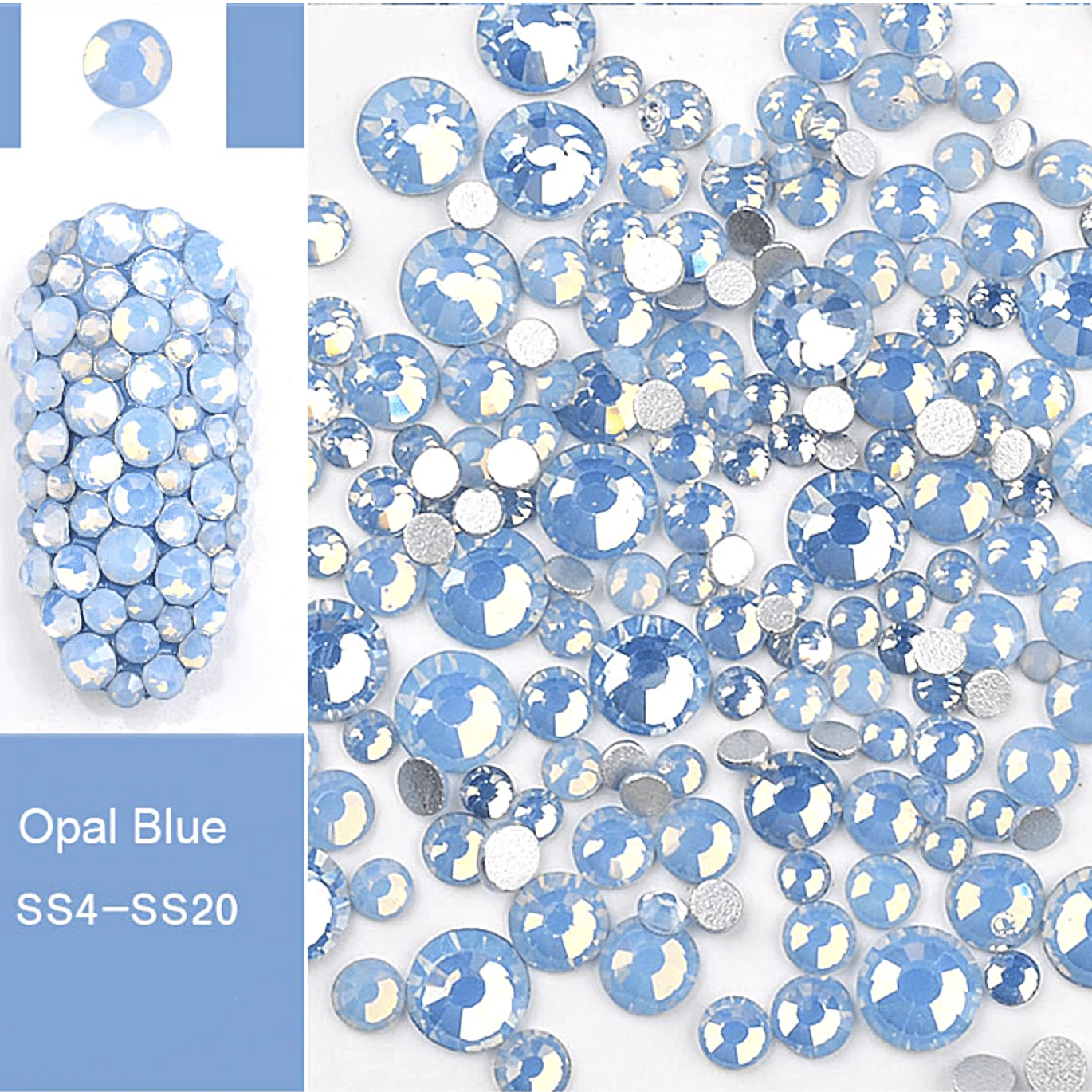 JNBS Rhinestone Opal Glass Round FlatBack Mixed Size Blue